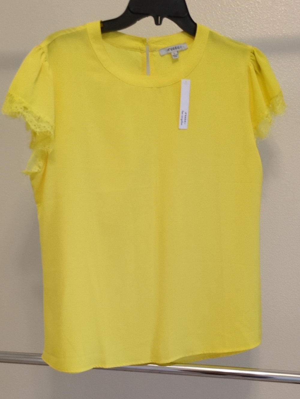 Bright Yellow Lace-Trim Short Sleeve Blouse